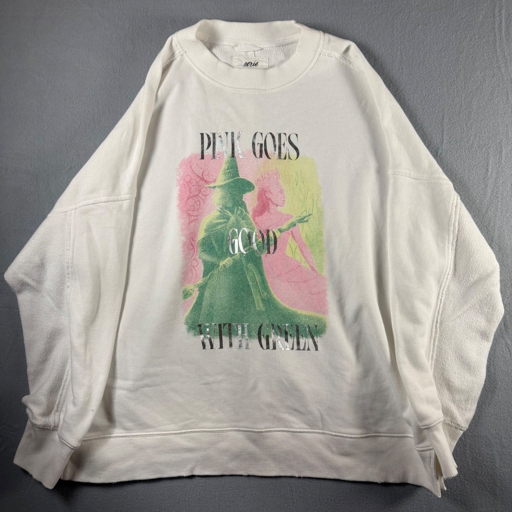 Aerie x Wicked Pink Goes Good With Green Oversized Sweatshirt White Medium